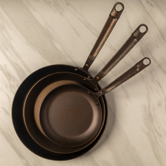 8",10",12" Round Carbon Steel Skillets Set - Hand Forged
